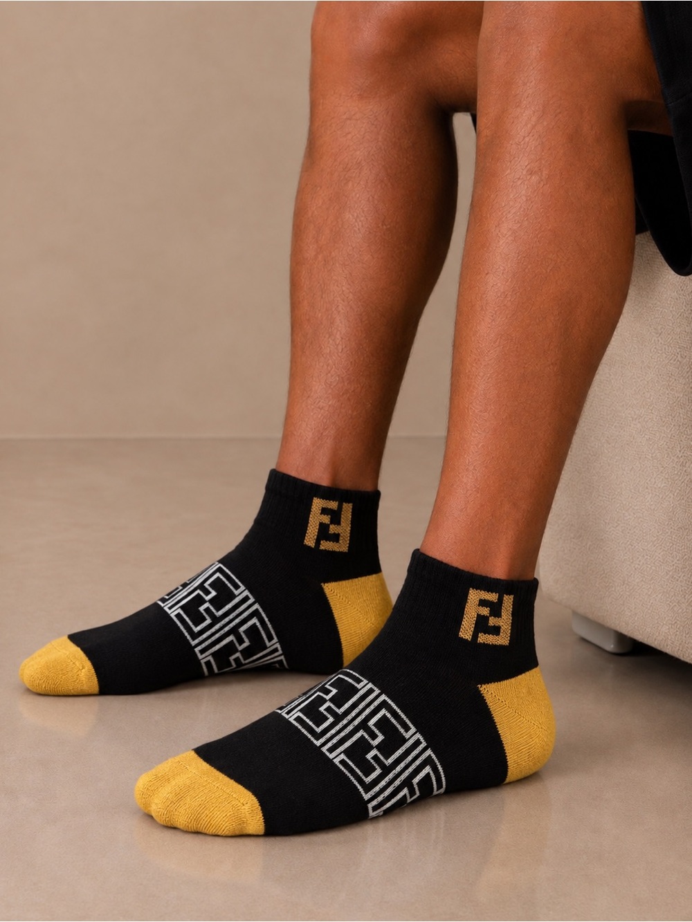 Fendi Black and Gold Logo Quarter Athletic Socks